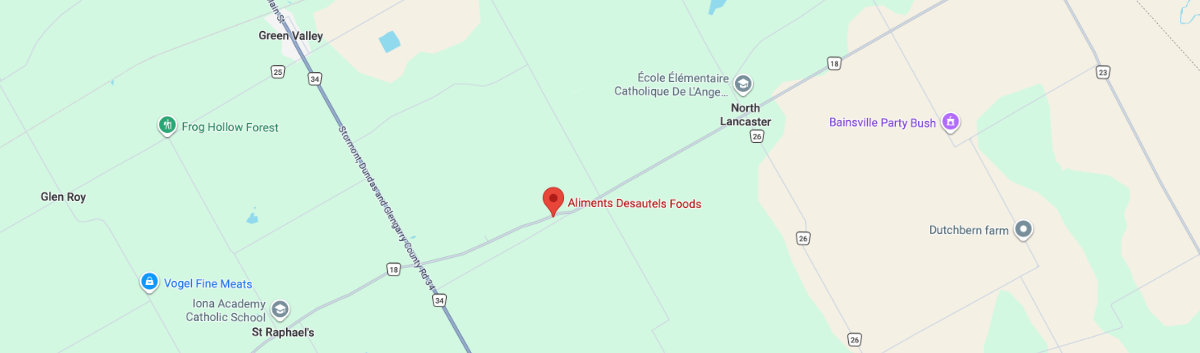 A map to Aliments Desautels Foods, home of Glengarry Traditions, since 1975.