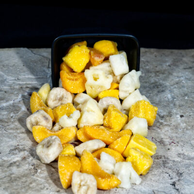 4 Fruit Mix  Packed with 5 x 1 kg of IQF 4-fruit mix, this box delivers a vibrant blend of banana, mango, pineapple, and peaches — ideal for smoothies, meal prep, and fueling active lifestyles with natural energy.